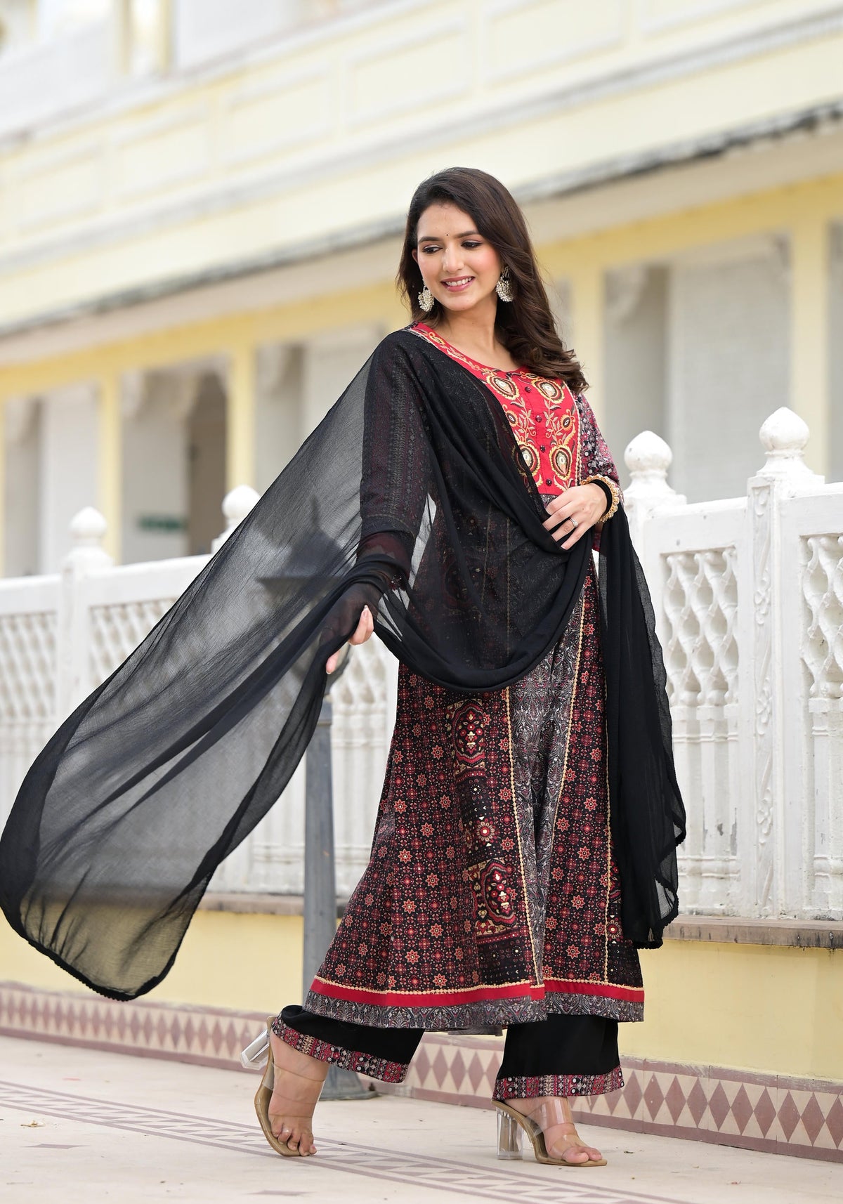 Juniper Women's Black Silk Blend Printed Kurta Set - Distacart