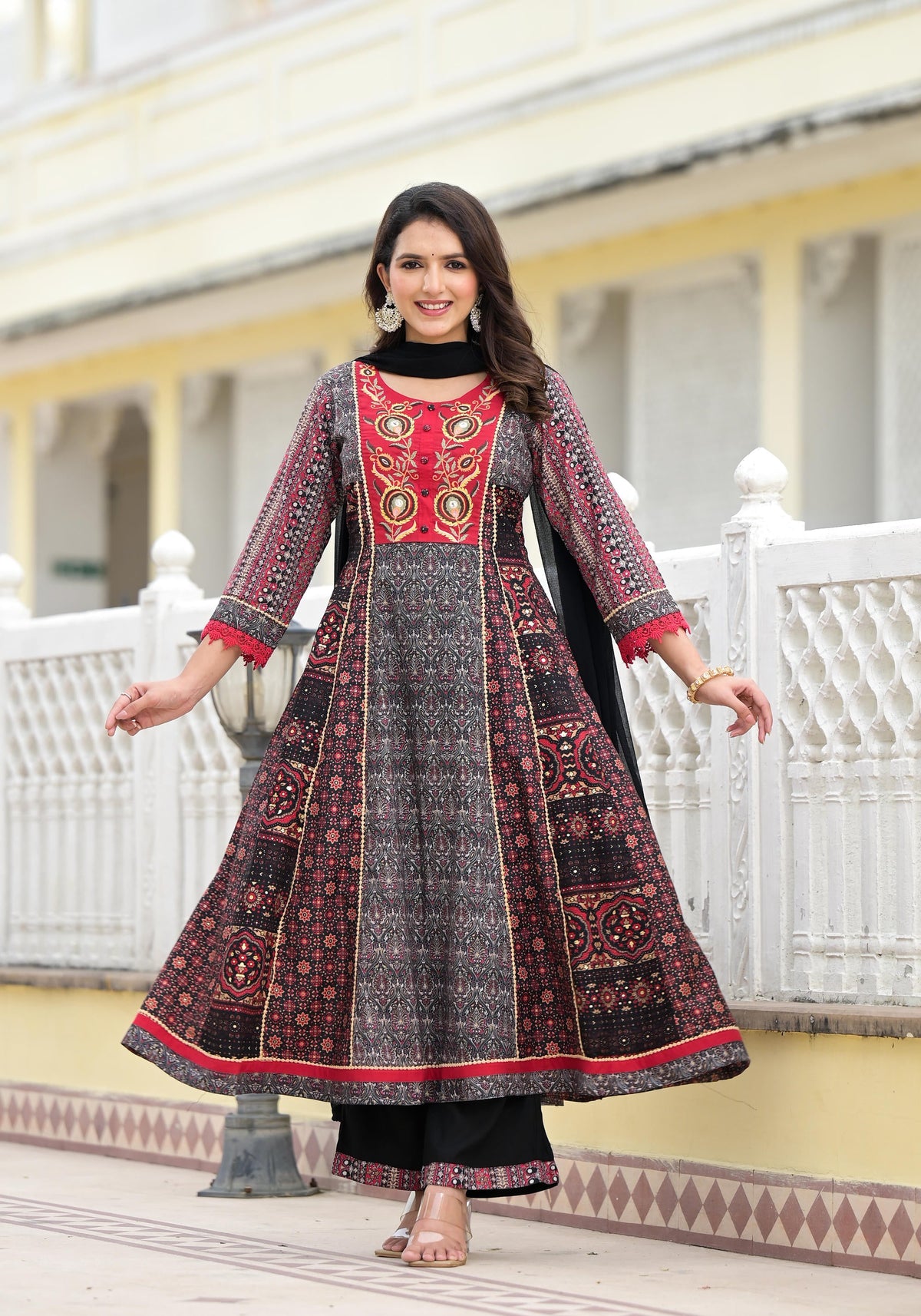 Juniper Women's Black Silk Blend Printed Kurta Set - Distacart