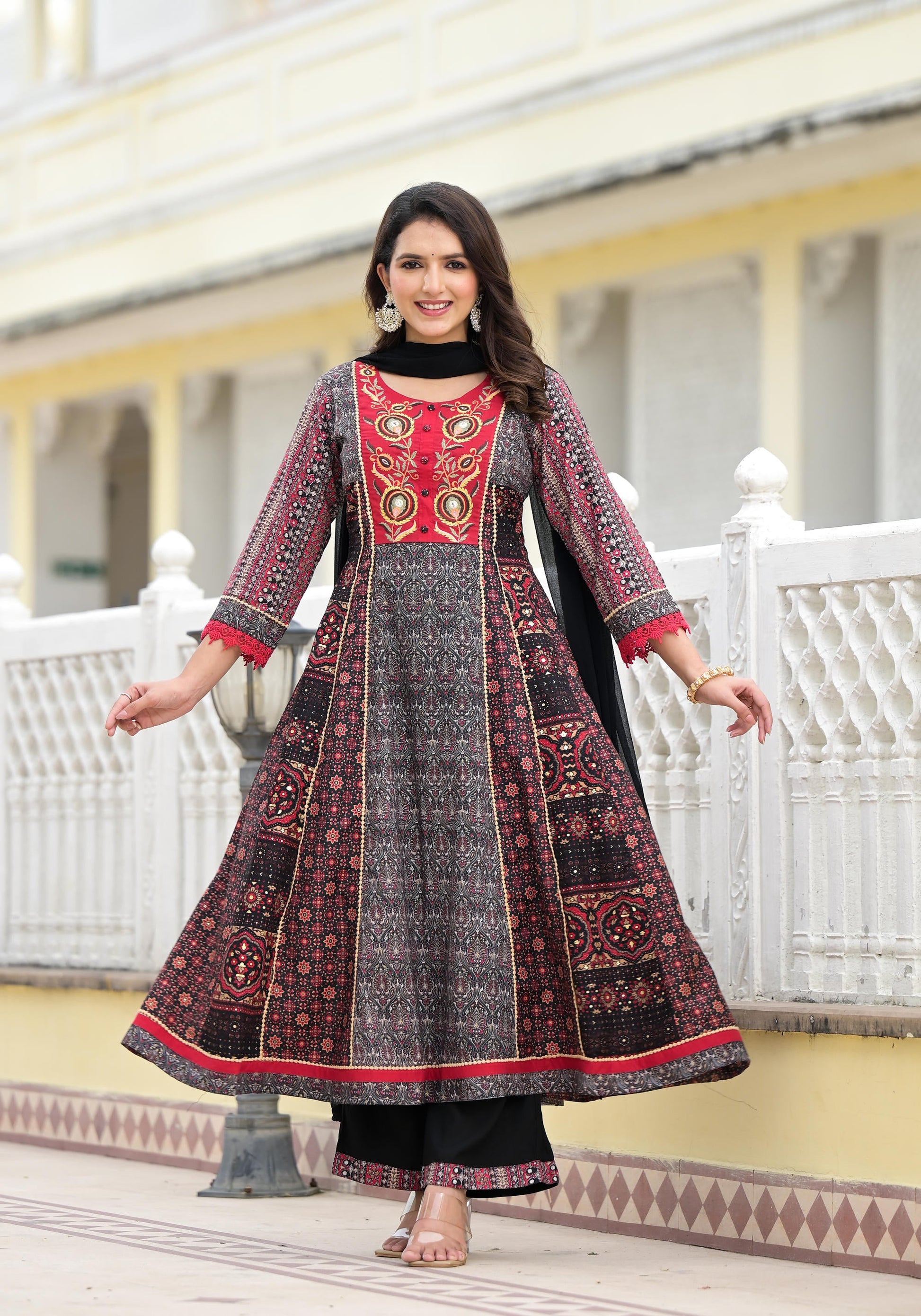 Juniper Women's Black Silk Blend Printed Kurta Set - Distacart