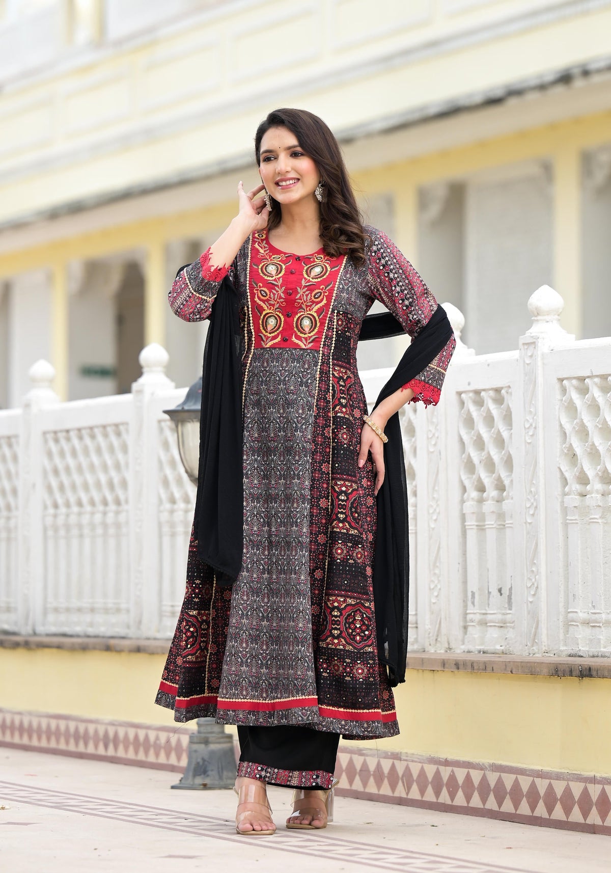 Juniper Women's Black Silk Blend Printed Kurta Set - Distacart