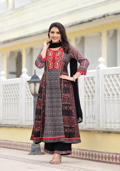 Juniper Women's Black Silk Blend Printed Kurta Set - Distacart