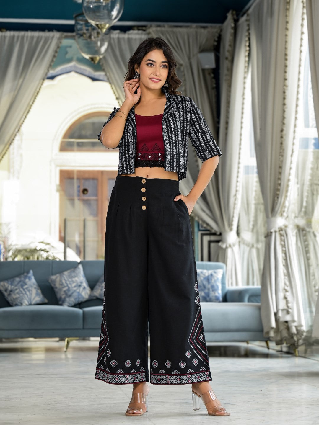 Juniper Women's Black Geometric Printed Liva Rayon Shrug With Inner & Palazzo Set With Thread & Mirror Work - Distacart