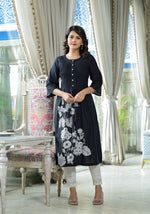 Thumbnail for Juniper Women's Black Floral Printed Cotton Kurta With Button Detailing - Distacart