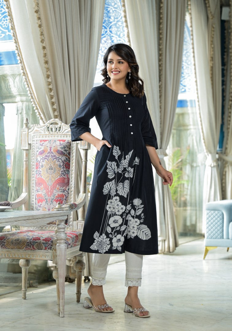 Juniper Women's Black Floral Printed Cotton Kurta With Button Detailing - Distacart