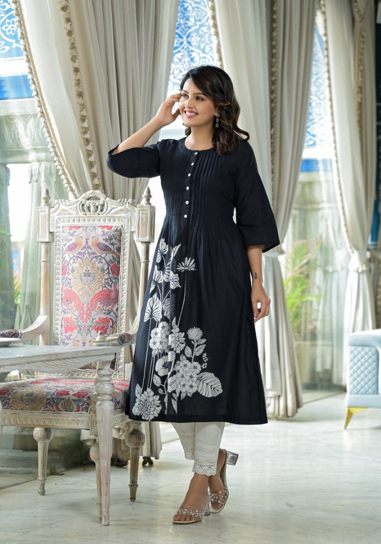 Juniper Women's Black Floral Printed Cotton Kurta With Button Detailing - Distacart