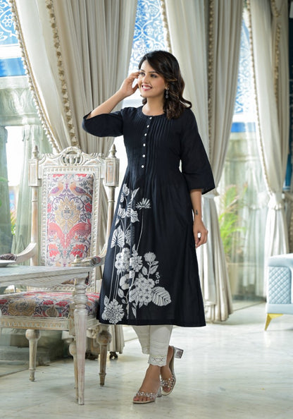 Juniper Women's Black Floral Printed Cotton Kurta With Button Detailing - Distacart