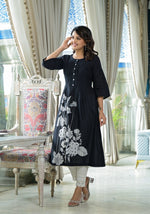 Thumbnail for Juniper Women's Black Floral Printed Cotton Kurta With Button Detailing - Distacart