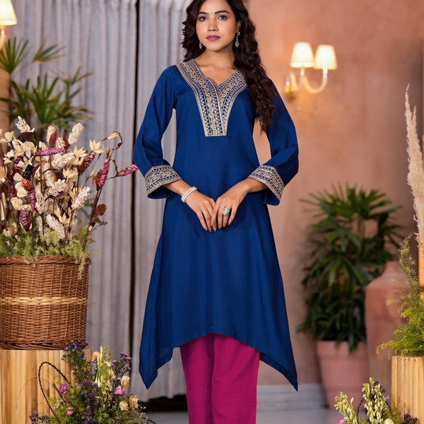Juniper Women's Blue Viscose Rayon Embroidered Kurta Set - Distacart