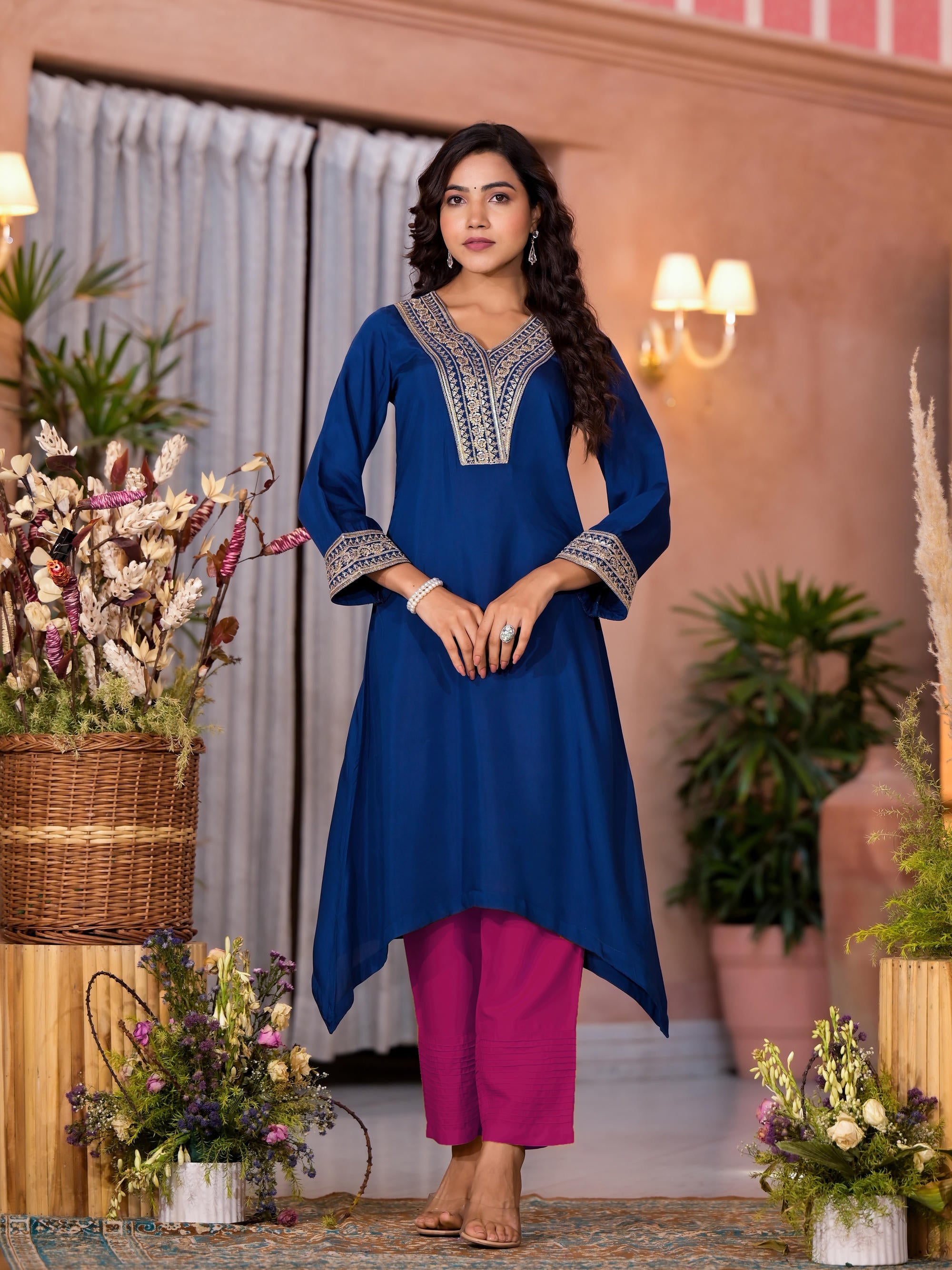 Juniper Women's Blue Viscose Rayon Embroidered Kurta Set - Distacart