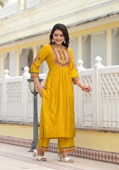 Juniper Women's Yellow Cotton Blend Solid Kurta Set - Distacart