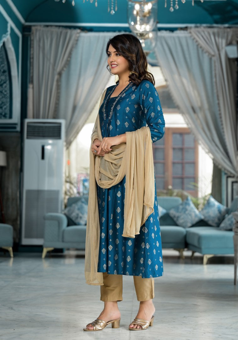 Juniper Women's Blue Ethnic Motif Printed Polycotton Kurta Pant And Dupatta Set With Sequins Gota Patti & Beads - Distacart
