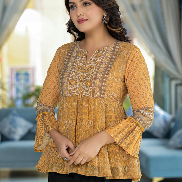 Juniper Mustard Ethnic Motif Printed Georgette Tunic With Sequins Detail - Distacart