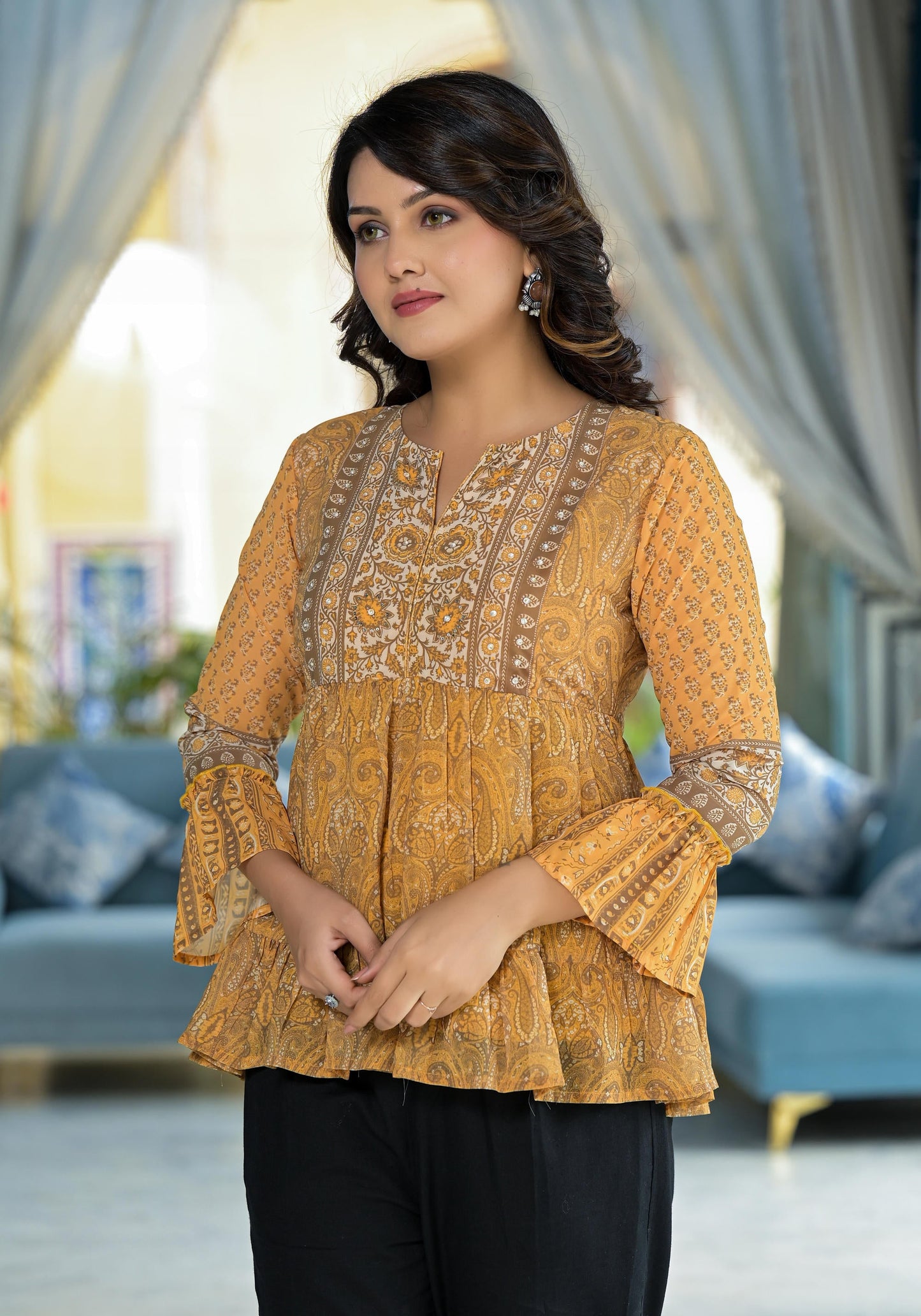 Juniper Mustard Ethnic Motif Printed Georgette Tunic With Sequins Detail - Distacart
