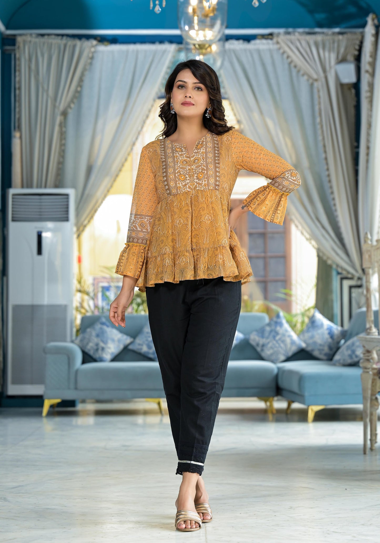 Juniper Mustard Ethnic Motif Printed Georgette Tunic With Sequins Detail - Distacart