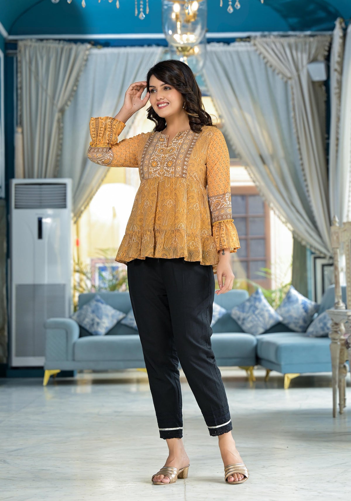 Juniper Mustard Ethnic Motif Printed Georgette Tunic With Sequins Detail - Distacart