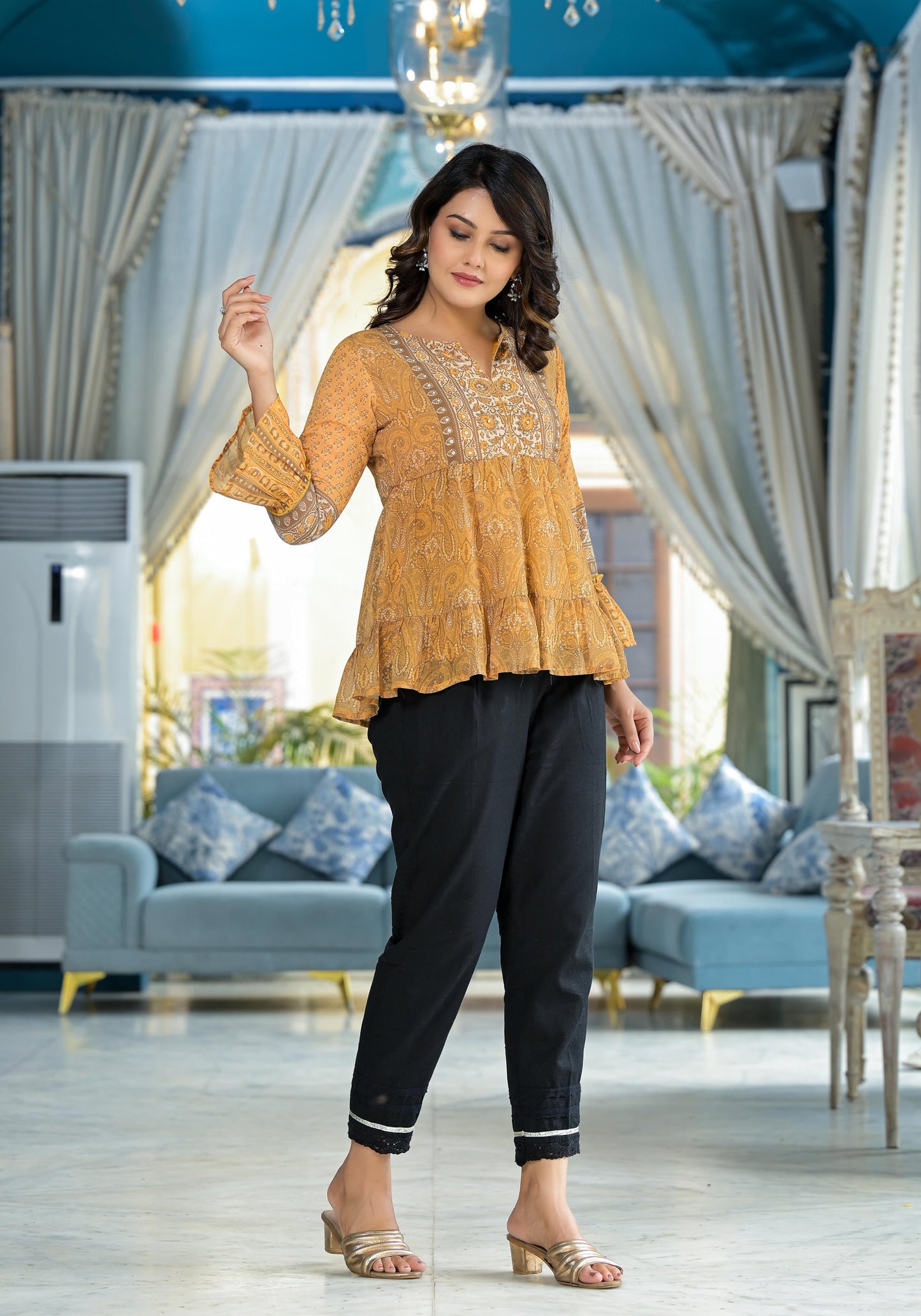 Juniper Mustard Ethnic Motif Printed Georgette Tunic With Sequins Detail - Distacart