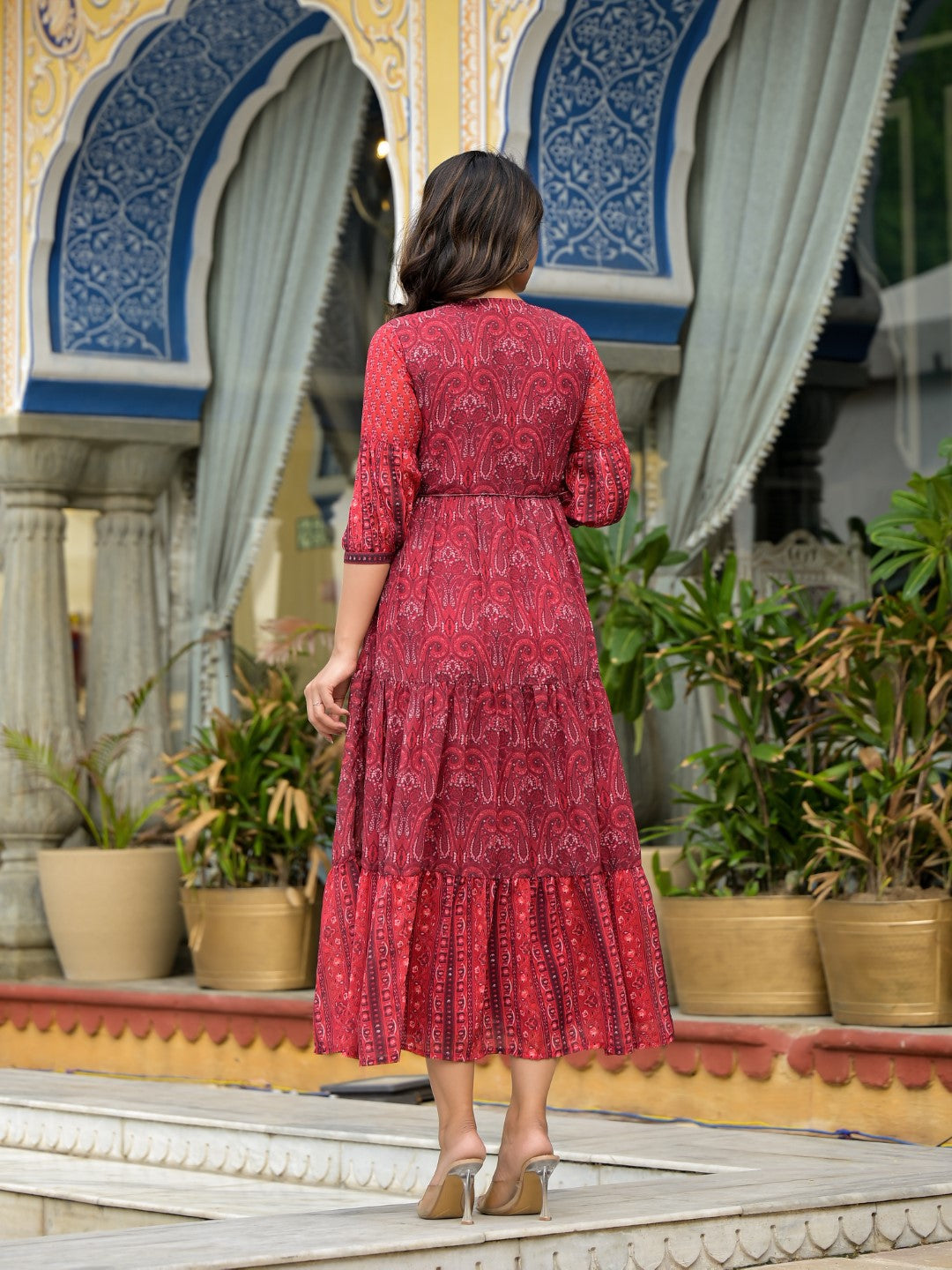 Juniper Women's Rust Ethnic Motif Printed Georgette Gathers Maxi Dress With Sequins & Doris - Distacart