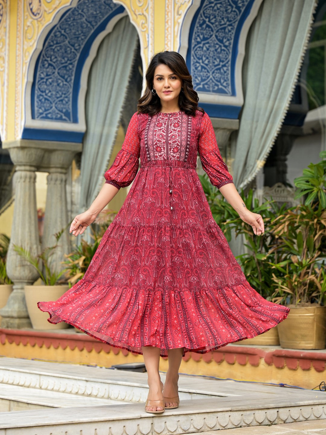 Juniper Women's Rust Ethnic Motif Printed Georgette Gathers Maxi Dress With Sequins & Doris - Distacart