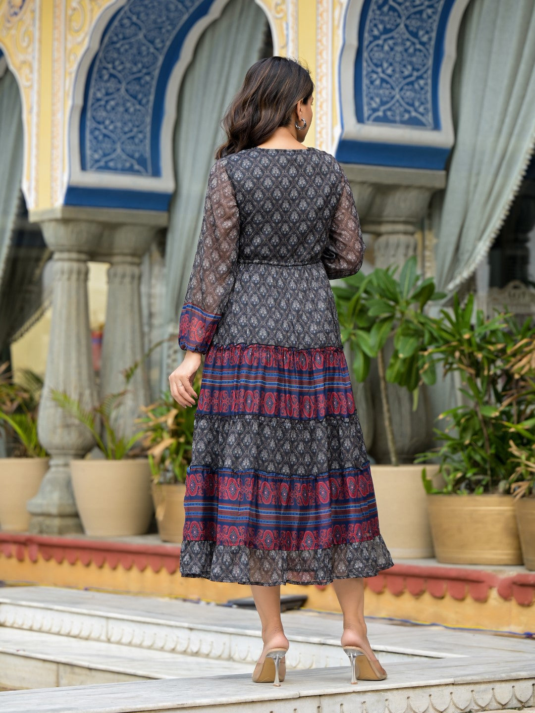 Juniper Women's Black Ethnic Motif Printed Chiffon Tiered Maxi Dress With Doris - Distacart