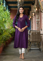 Thumbnail for Juniper Plum Solid Liva Rayon Kurta With Mirror Work - Distacart