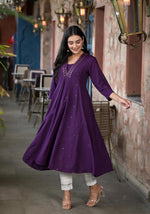 Thumbnail for Juniper Plum Solid Liva Rayon Kurta With Mirror Work - Distacart