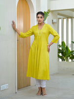 Thumbnail for Juniper Yellow Solid Liva Rayon Kurta With Mirror Work - Distacart