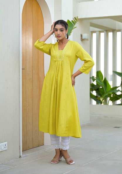 Juniper Yellow Solid Liva Rayon Kurta With Mirror Work - Distacart