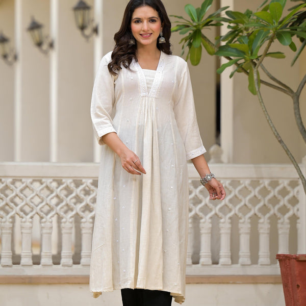 Juniper Off-White Solid Kurta With Mirror Work - Distacart