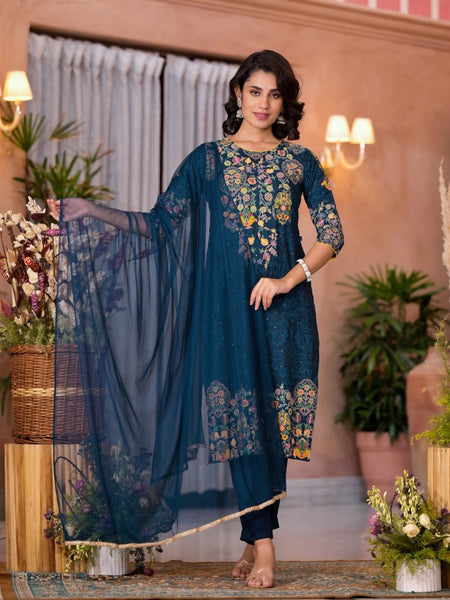 Juniper Women's Navy Thread Embroidered Liva Rayon Kurta Pant And Dupatta Set With Sequins Beads & Lace - Distacart