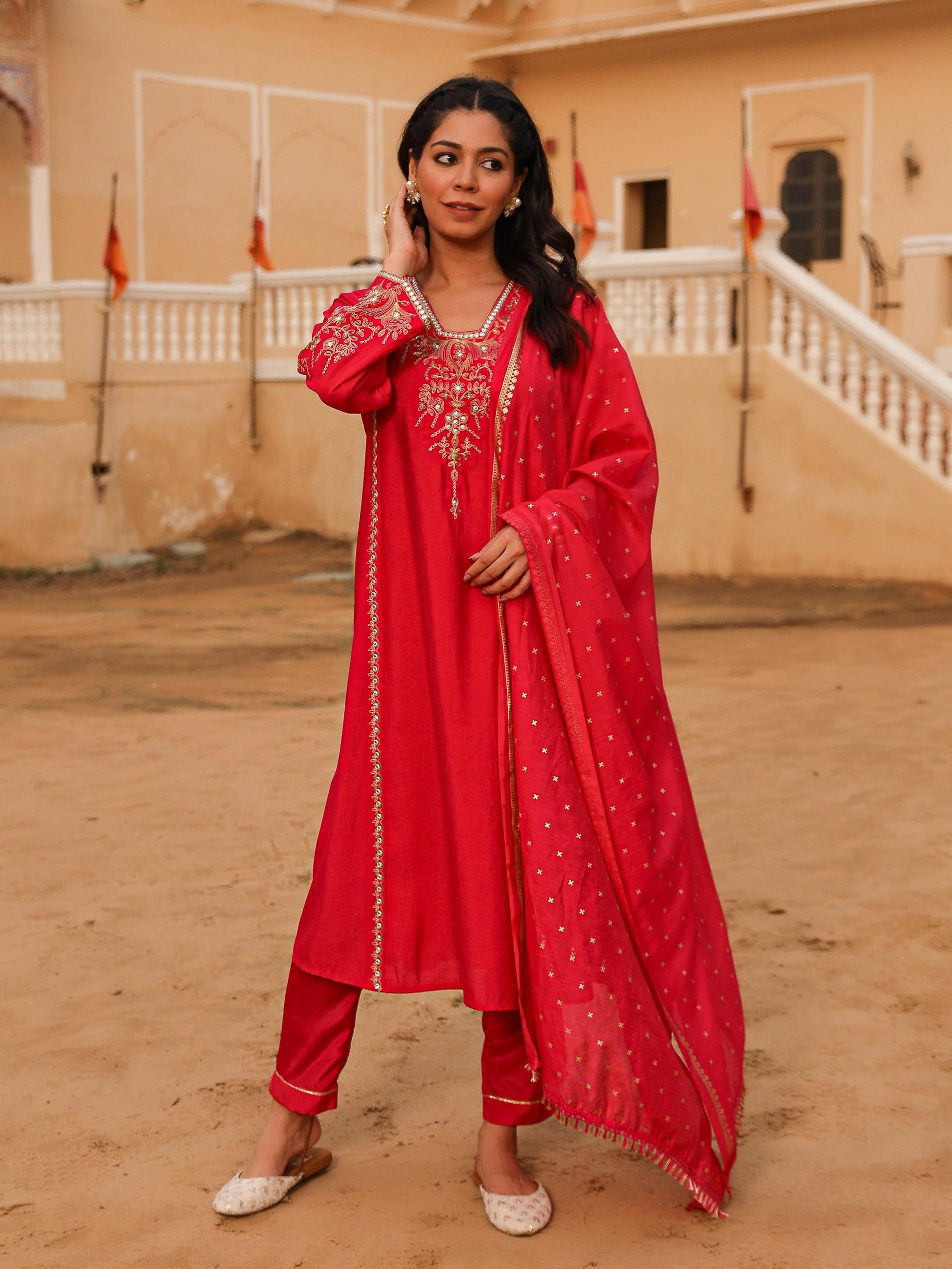 Juniper Women's Pink Viscose Rayon Embroidered Kurta Set - Distacart