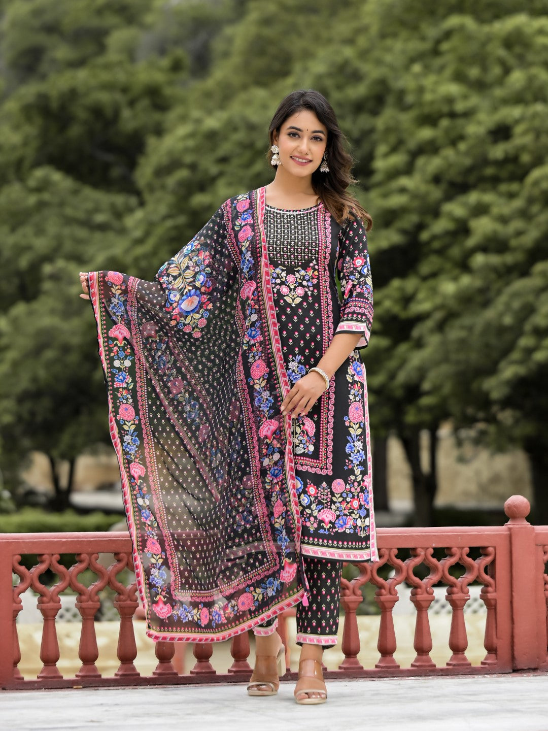 Juniper Women's Black Floral Printed Liva Rayon Kurta Pant And Dupatta Set With Tassels & Sequins - Distacart