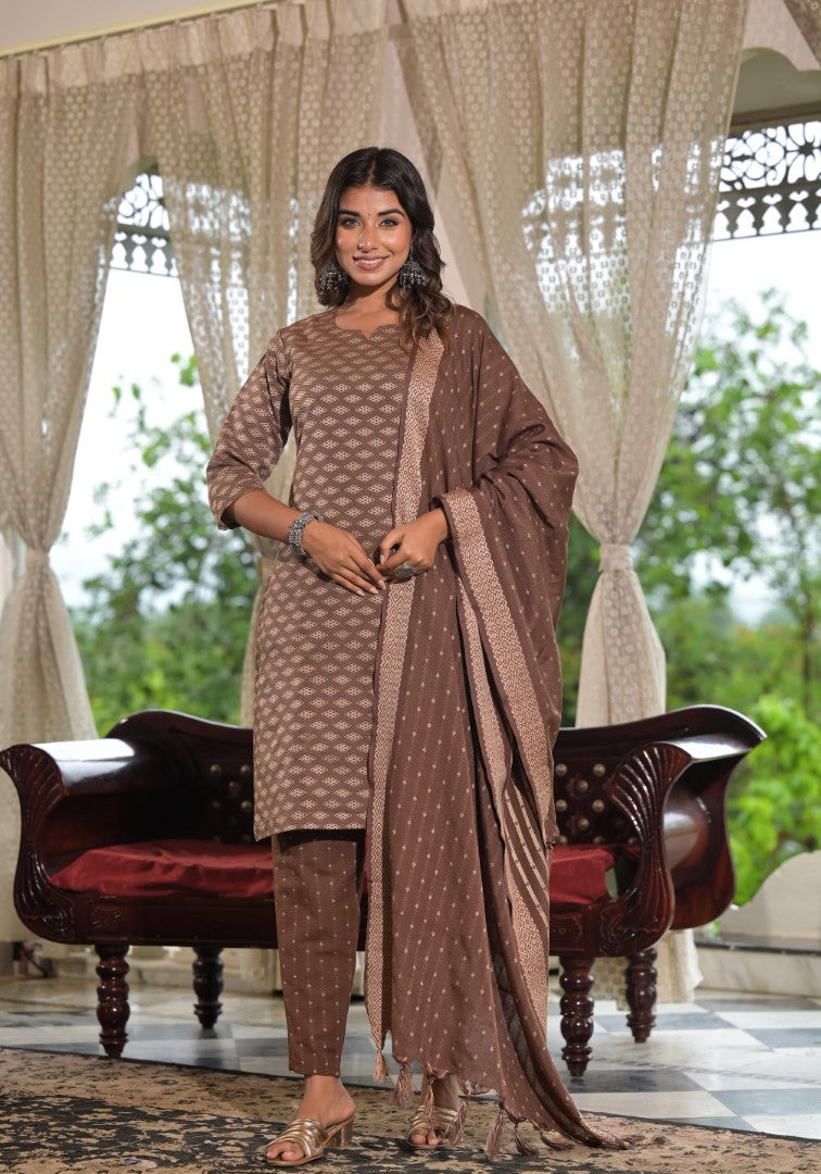 Juniper Women's Brown Geometric Printed Cotton Kurta Pant Set With Tassels On Dupatta