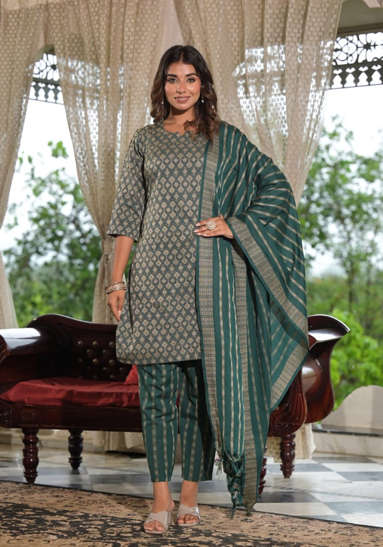Juniper Women's Green Geometric Printed Cotton Kurta Pant Set With Tassels On Dupatta - Distacart