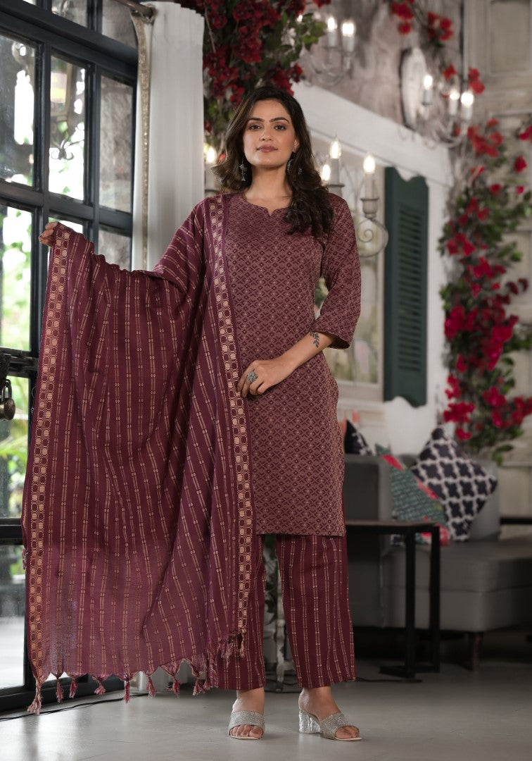 Juniper Women's Plum Geometric Printed Cotton Kurta, PantWith Tassels On Dupatta - Distacart