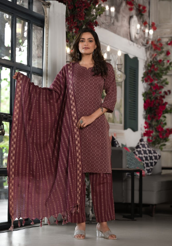 Juniper Women's Plum Geometric Printed Cotton Kurta, PantWith Tassels On Dupatta - Distacart
