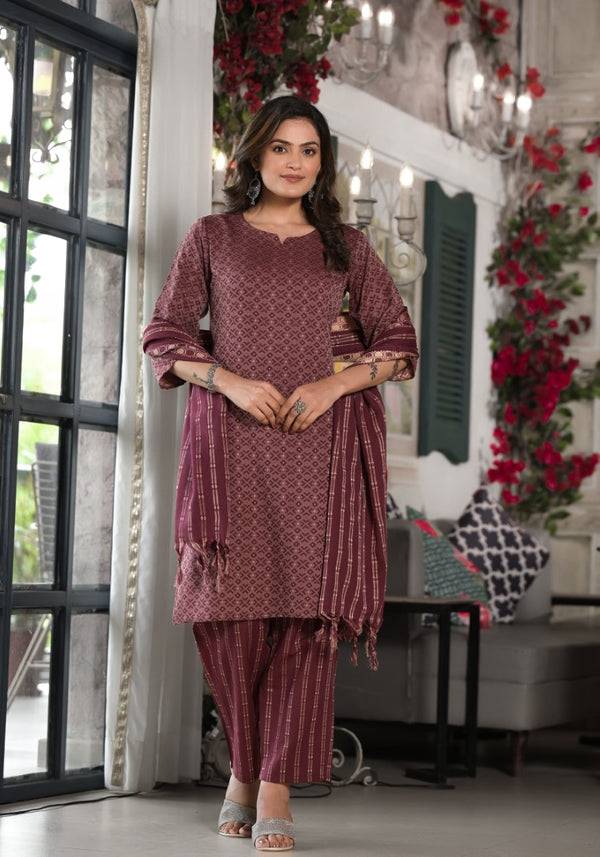 Juniper Women's Plum Geometric Printed Cotton Kurta, PantWith Tassels On Dupatta - Distacart