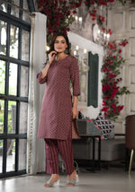 Thumbnail for Juniper Women's Plum Geometric Printed Cotton Kurta, PantWith Tassels On Dupatta - Distacart