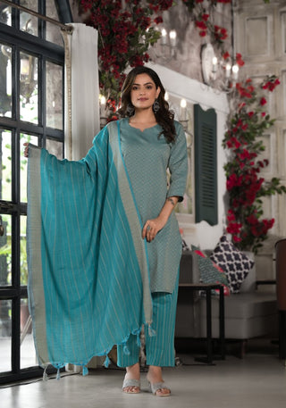 Juniper Women's Sky Blue Geometric Printed Cotton Kurta, Pant With Tassels On Dupatta - Distacart