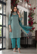 Thumbnail for Juniper Women's Sky Blue Geometric Printed Cotton Kurta, Pant With Tassels On Dupatta - Distacart