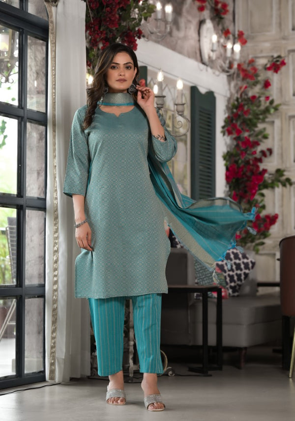Juniper Women's Sky Blue Geometric Printed Cotton Kurta, Pant With Tassels On Dupatta - Distacart
