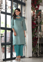 Thumbnail for Juniper Women's Sky Blue Geometric Printed Cotton Kurta, Pant With Tassels On Dupatta - Distacart