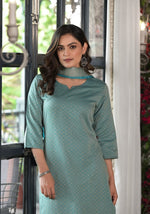 Thumbnail for Juniper Women's Sky Blue Geometric Printed Cotton Kurta, Pant With Tassels On Dupatta - Distacart
