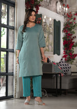 Thumbnail for Juniper Women's Sky Blue Geometric Printed Cotton Kurta, Pant With Tassels On Dupatta - Distacart
