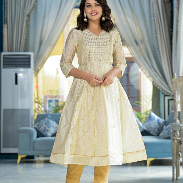 Juniper Ivory Ethnic Motif Printed Chanderi Kurta With Zari & Gota Patti Work - Distacart