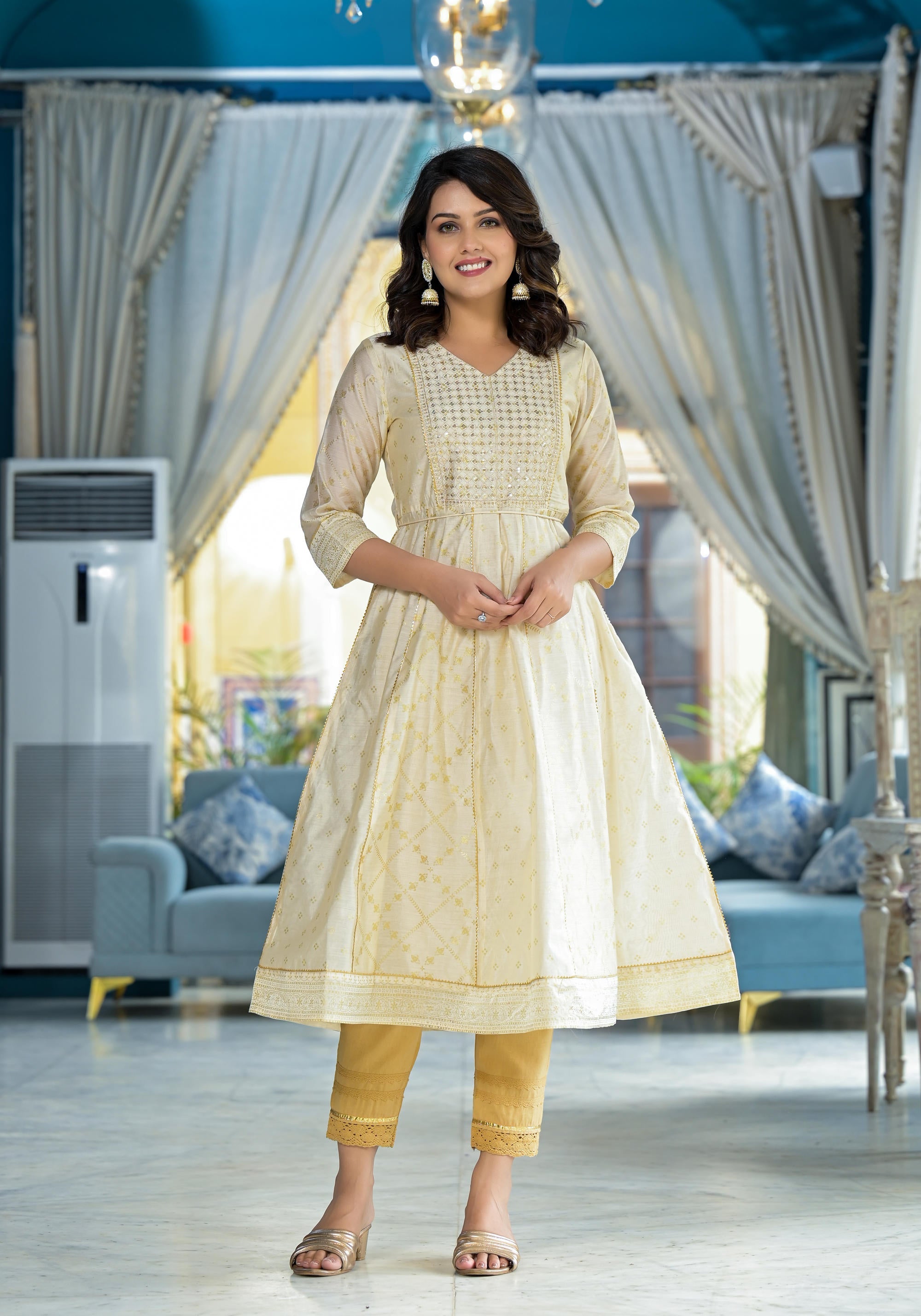 Juniper Ivory Ethnic Motif Printed Chanderi Kurta With Zari & Gota Patti Work - Distacart