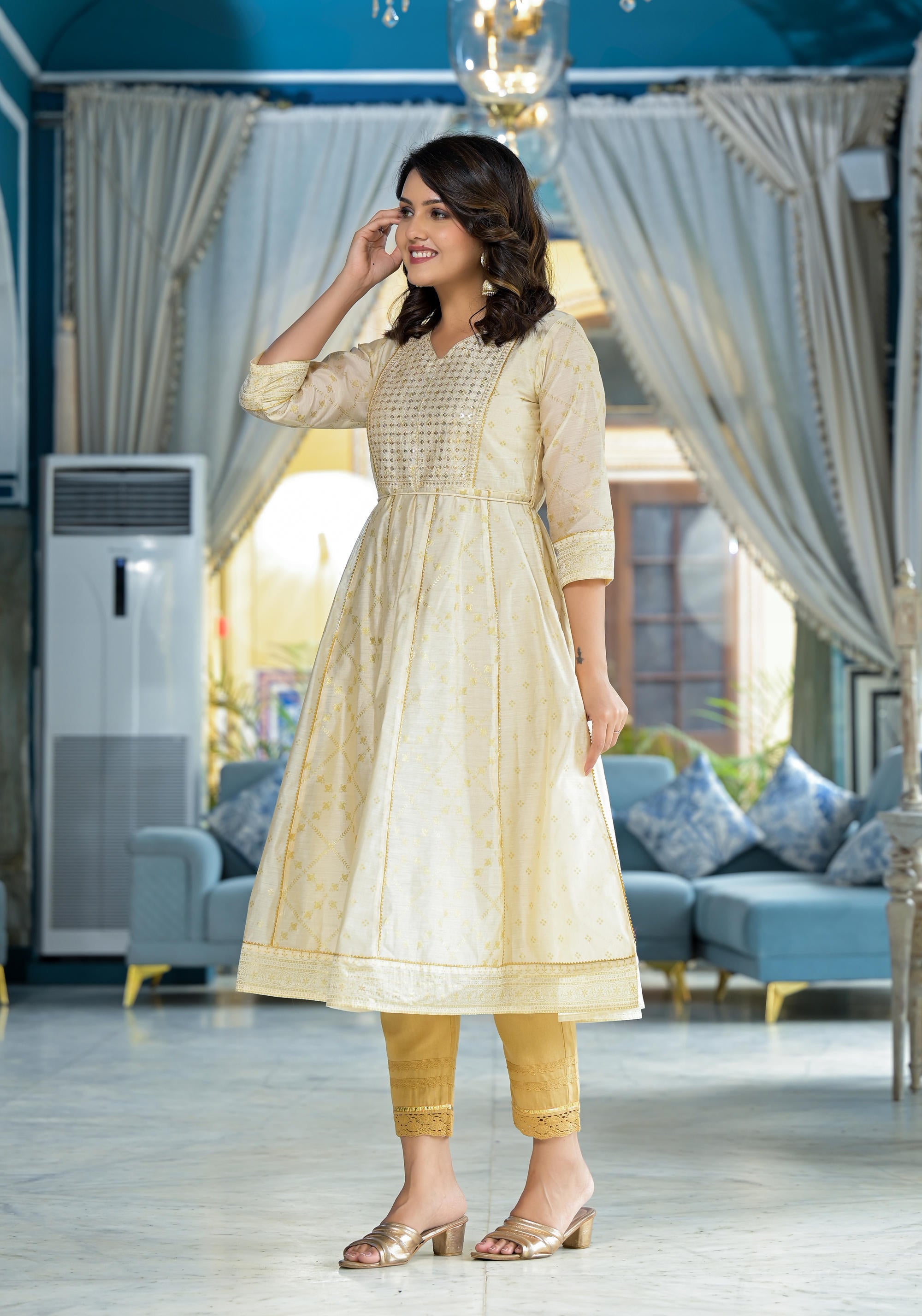 Juniper Ivory Ethnic Motif Printed Chanderi Kurta With Zari & Gota Patti Work - Distacart