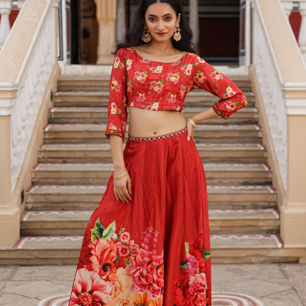 Juniper The Adah Rust Floral Printed Viscose Top & Skirt Set With Sequins & Thread Work - Distacart