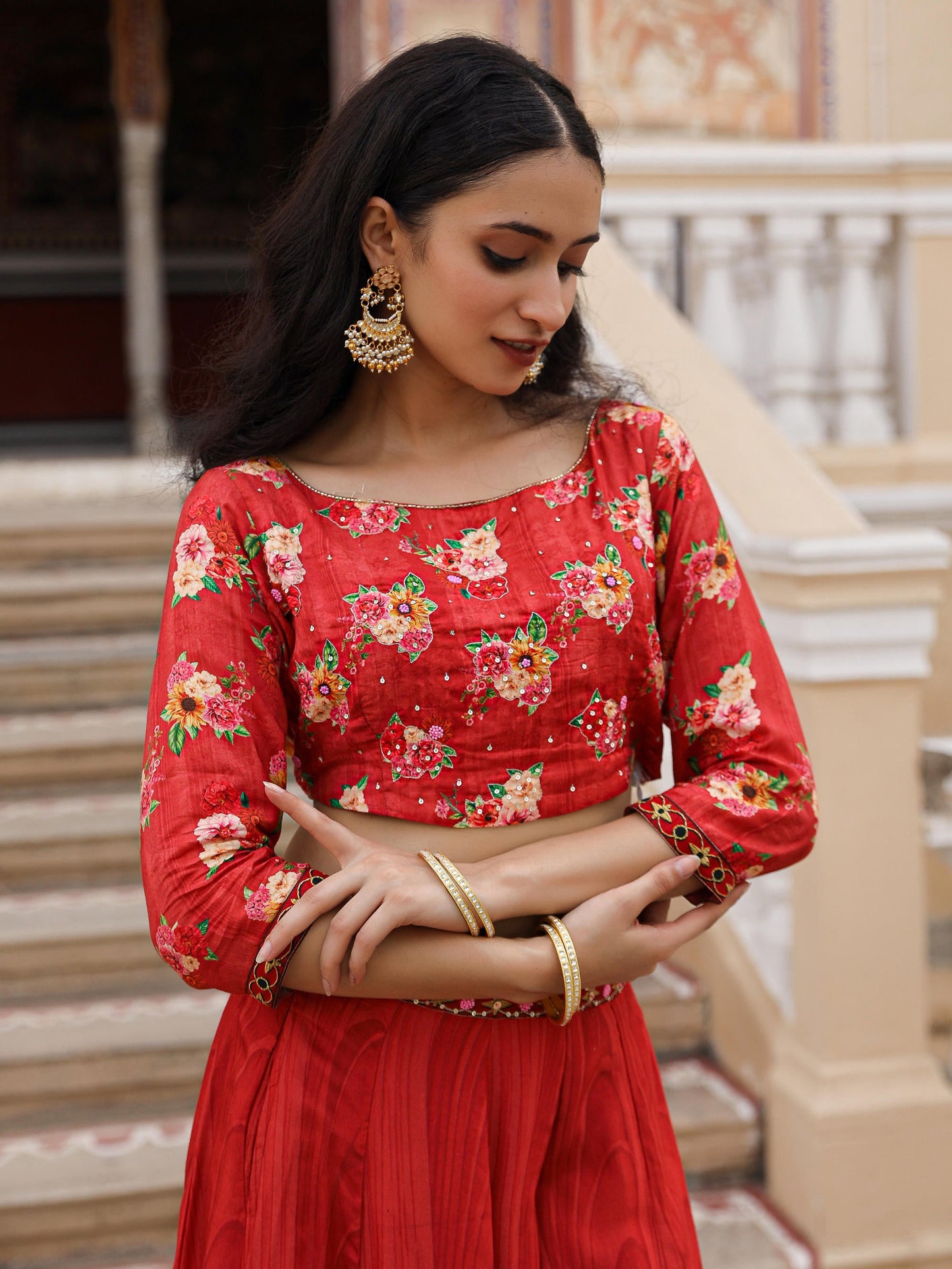 Juniper The Adah Rust Floral Printed Viscose Top & Skirt Set With Sequins & Thread Work - Distacart