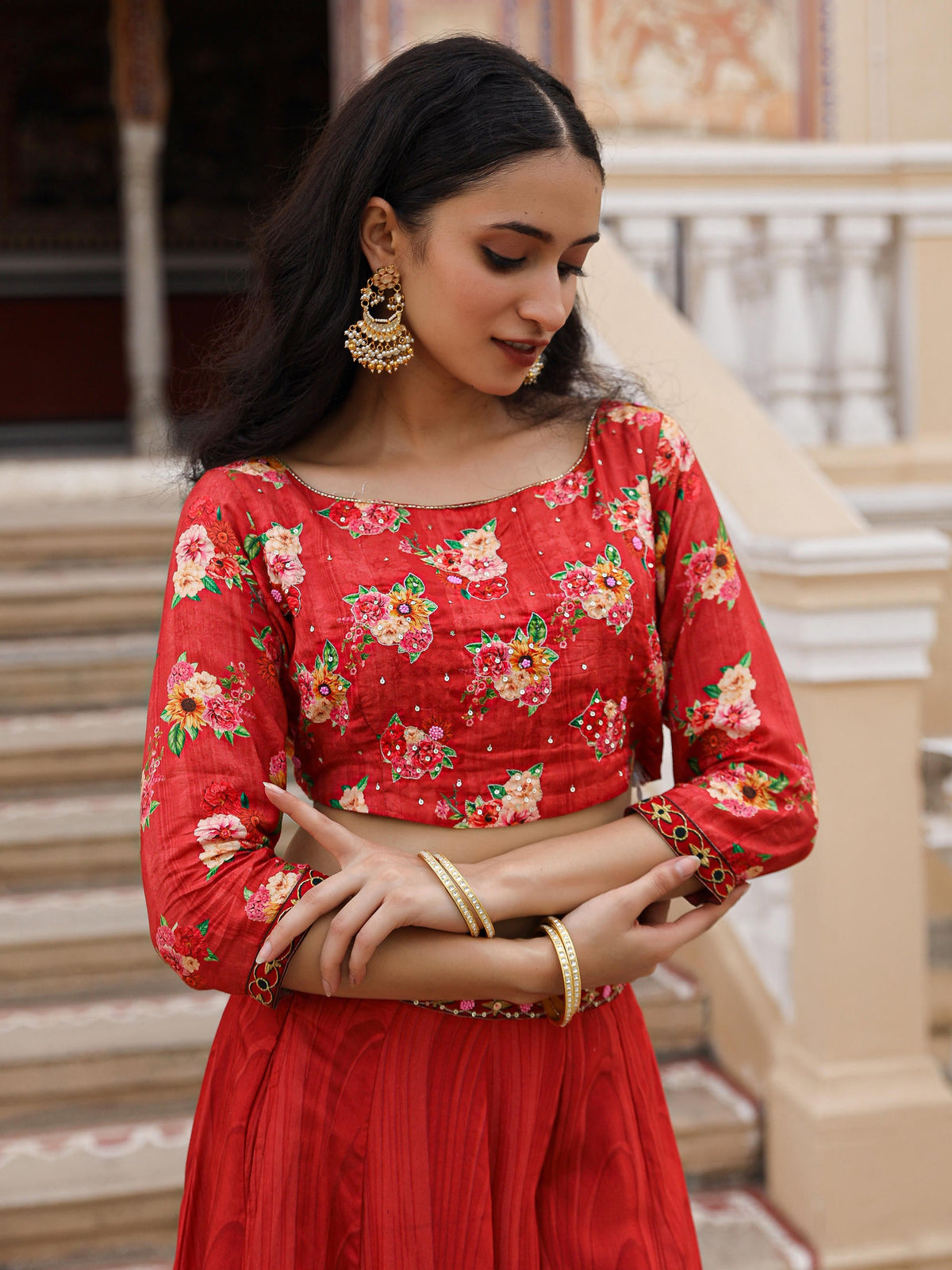 Juniper The Adah Rust Floral Printed Viscose Top & Skirt Set With Sequins & Thread Work - Distacart