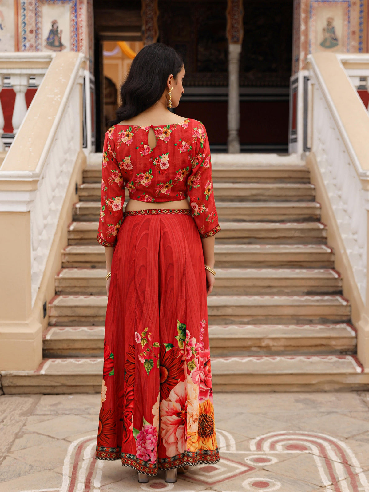 Juniper The Adah Rust Floral Printed Viscose Top & Skirt Set With Sequins & Thread Work - Distacart